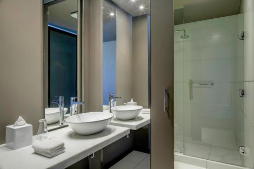 亚松森亚松森雅乐轩酒店的一间带两个盥洗盆和淋浴的浴室
