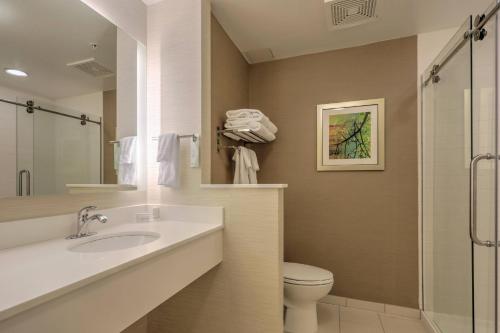 格林维尔Fairfield Inn & Suites by Marriott Greenville的一间带水槽、卫生间和淋浴的浴室
