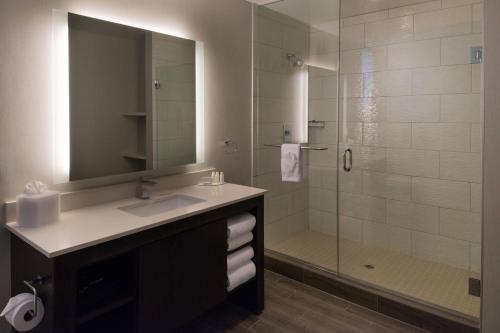 门洛帕克门洛帕克帕洛阿尔托万豪原住酒店的浴室配有盥洗盆和带镜子的淋浴