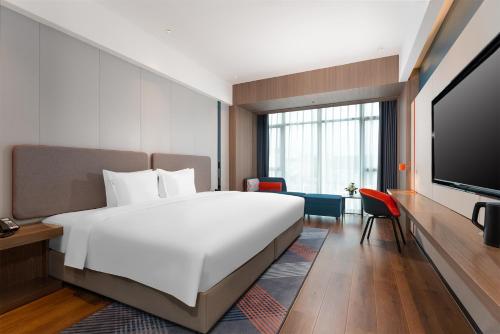 南宁南宁会展中心智选假日酒店的一间酒店客房,配有一张大床和一台平面电视