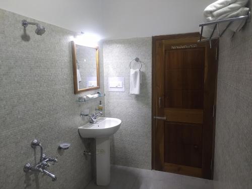 迪布鲁加尔The Camellia的一间带水槽、镜子和门的浴室
