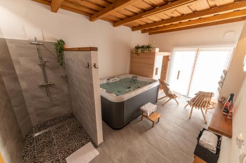 GruškovecHill Cottage Haloze的大型浴室设有浴缸和淋浴。