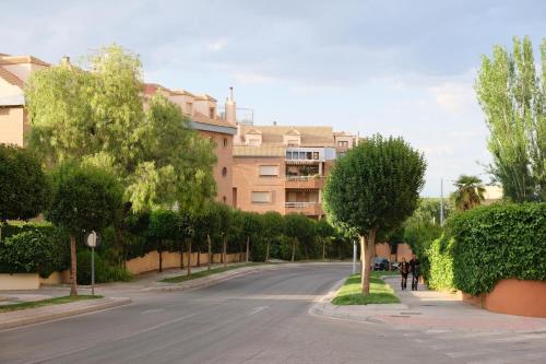 哈恩Slappe Jaén II的一条有楼房和一条绿树成荫的道路的街道