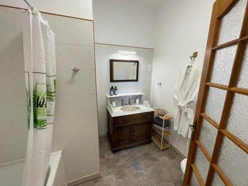 滨海勒维维耶La Salmonière的浴室配有盥洗盆和带镜子的淋浴