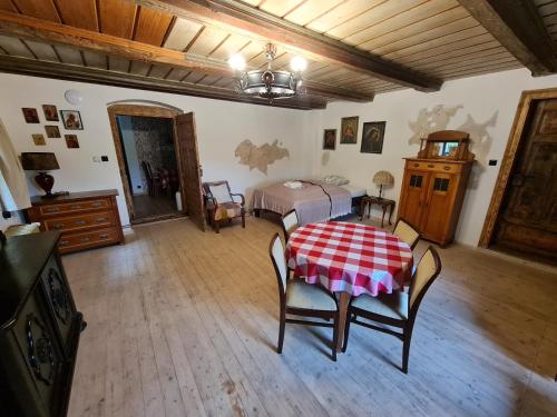 梅斯瓦科维采Czerwony Dworek 8 - Agroturystyka Karkonosze的卧室配有一张床和一张桌子及椅子