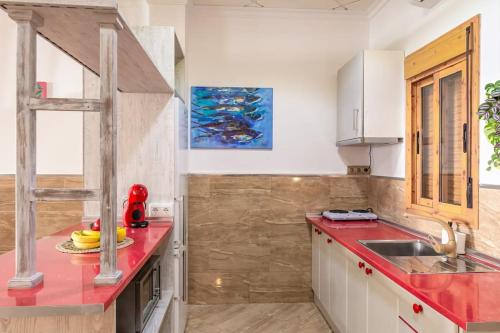 比纽埃拉Art Gallery Apartment - in town center的厨房配有红色台面和水槽
