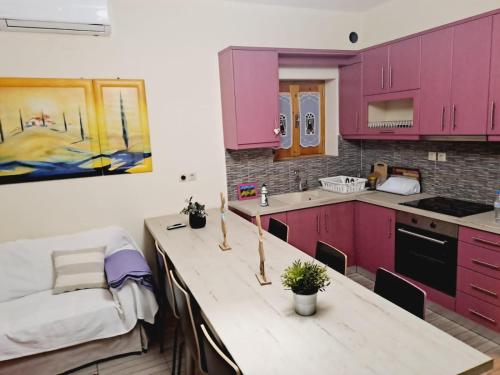 新安希亚洛斯Alba Traditional Countryhouse New Anchialos village的厨房配有粉红色的橱柜和植物桌子