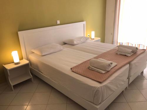 卡沃斯Kavos Central的一张带两个枕头的大白色床