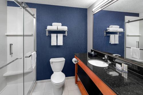 丹佛Fairfield Inn & Suites Denver Airport的一间带卫生间、水槽和镜子的浴室