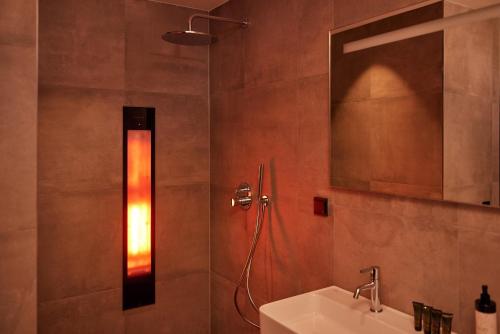 霍林赫姆Hotel Gorinchem的带淋浴、水槽和镜子的浴室