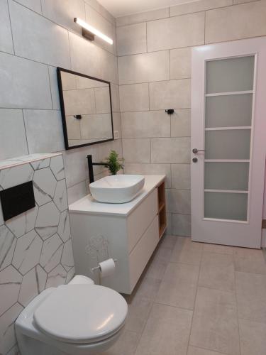 梅图拉里汕斯基1936年住宿加早餐旅馆的白色的浴室设有水槽和卫生间。