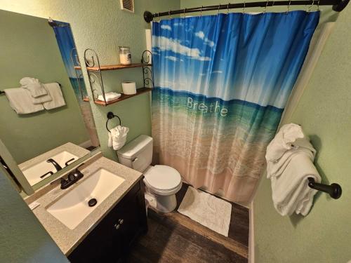 默特尔比奇Myrtle Beach Resort- Unit A 428的浴室设有盥洗盆、卫生间和淋浴帘。