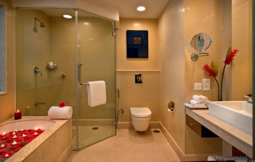 拉杰果德Fortune Park JPS Grand, Rajkot - Member ITC's Hotel Group的带淋浴、卫生间和盥洗盆的浴室