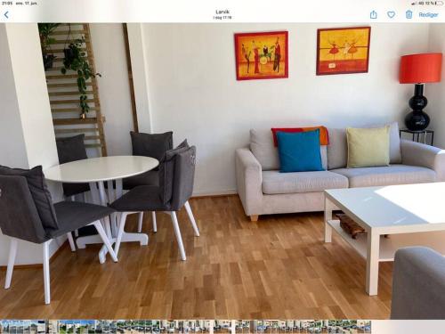 拉尔维克Lys og trivelig leilighet i Larvik的客厅配有沙发和桌椅