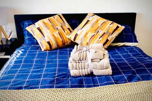 Hare view Cottage - Northumberland的一张蓝色的床,配有两个枕头和毛巾