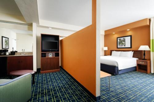 圣卡洛斯旧金山圣卡洛斯万豪费尔菲尔德客栈&套房酒店的配有一张床和一台平面电视的酒店客房