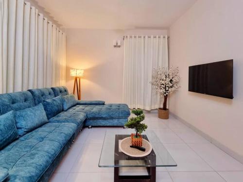 达卡Dianella Inn的客厅配有蓝色的沙发和电视