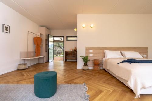 MoranSlowness - Kibbutz Moran的一间卧室设有一张大床和一张蓝色凳子