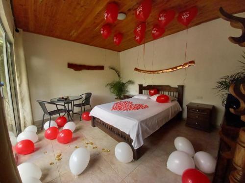萨兰托Hostal Hilltop Salento的一间卧室配有一张红色和白色气球床。