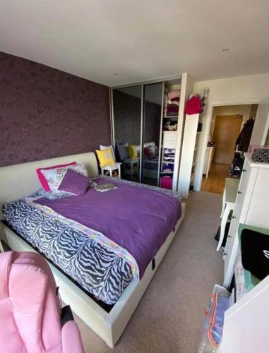 伦敦1 bedroom apartment的一间卧室配有一张带紫色毯子的床