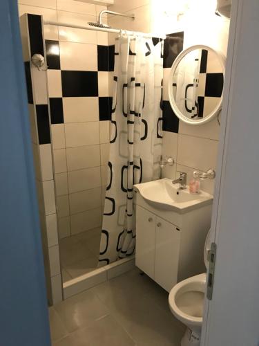维舍格勒Apartmani Golubina - Visegrad的浴室设有黑色和白色的浴帘和水槽