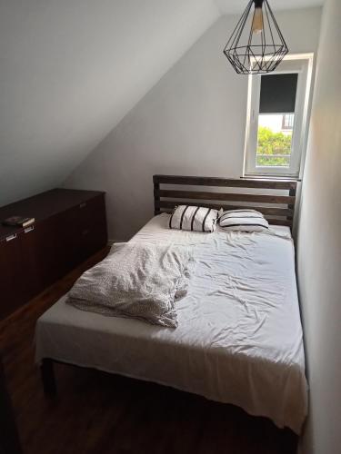 Suchy DwórPokój w apartamencie Gdynia Kosakowo的一间卧室配有带两个枕头的床和窗户