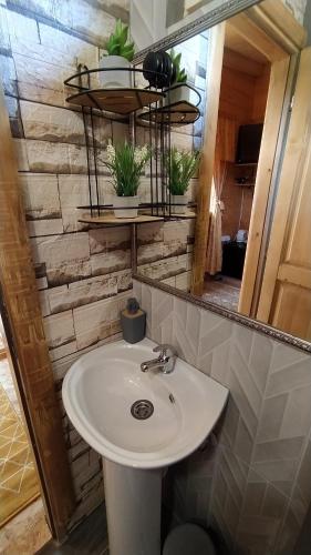 采蒂涅Still cabin的浴室设有白色水槽和镜子