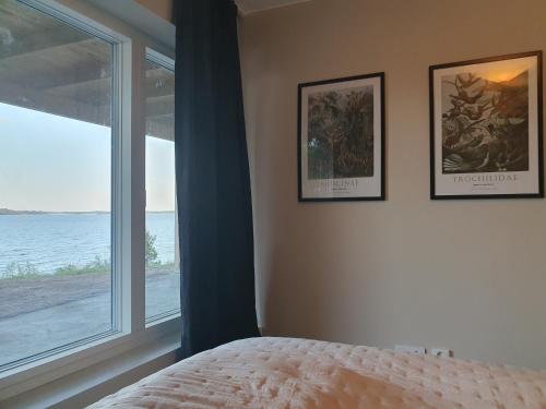 科尔莫登Villa Kolmården的卧室配有两幅墙上的照片和窗户