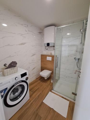 木洛希尼Apartman Tea的一间带洗衣机和淋浴的浴室