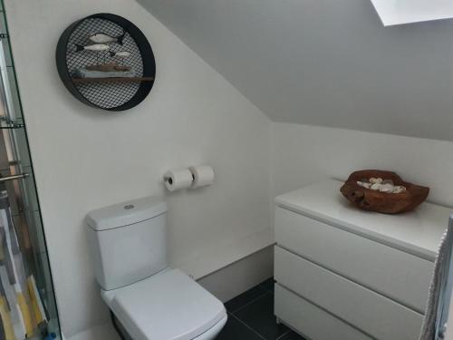 诺丁汉1 Bedroom Annexe Bagthorpe Brook Nottinghamshire的一间带卫生间和墙上时钟的浴室