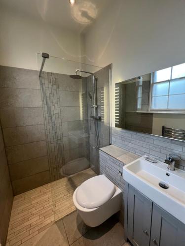 爱丁堡WM Garden Cottage的浴室配有卫生间、盥洗盆和淋浴。