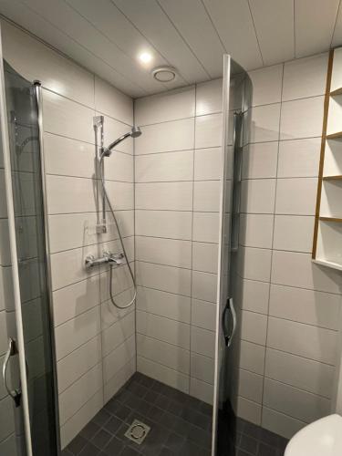 斯德哥尔摩UPTOWN Hotel Apartments的浴室里设有玻璃门淋浴
