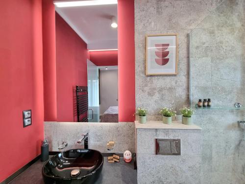 克卢日-纳波卡Panorama Deluxe Aparthotel的浴室设有黑色水槽和红色的墙壁。