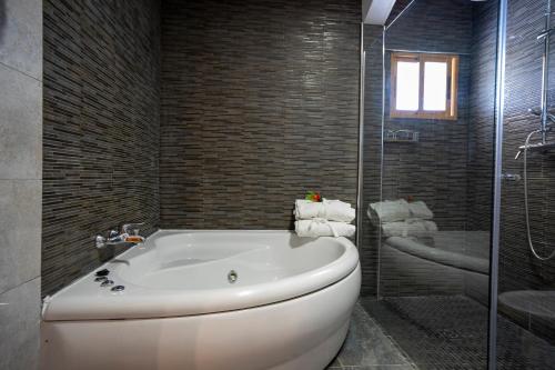 马尔帕尔蒂达德卡塞雷斯Los Barruecos - BGA HOTELES的浴室配有白色浴缸和玻璃淋浴间。