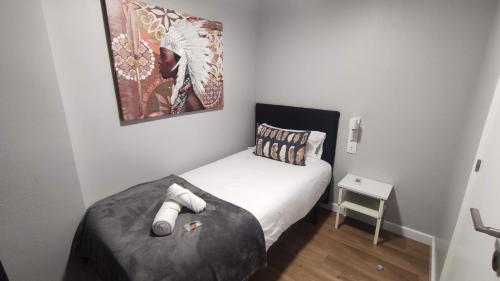 安道尔城SUITEDREAMS - Avet 31的一间小卧室,配有一张床和墙上的照片
