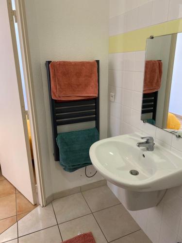 滨海苏拉克Appartement familial centre et plage的浴室配有盥洗盆、镜子和毛巾