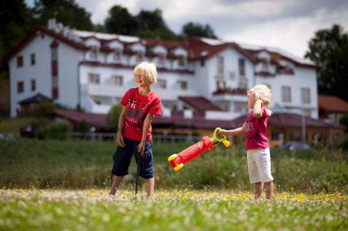 菲尔斯滕费尔德附近洛伊佩尔斯多夫科莱兹家庭酒店的两个男孩玩球和球棒