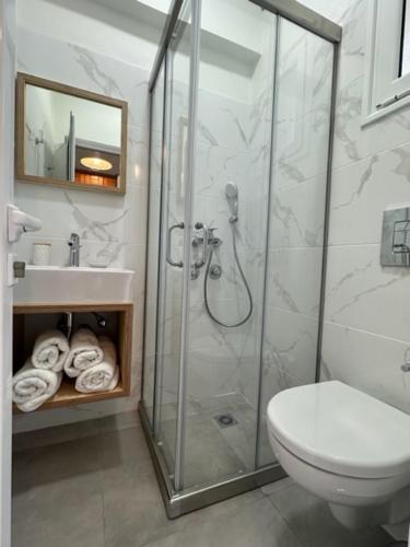 卢特拉艾季普苏利亚公寓式酒店的带淋浴、卫生间和盥洗盆的浴室