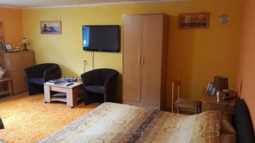 萨拉热窝Modern&Cozy Bosnian house with GARDEN+FREE parking的一间卧室配有一张床、一张书桌和一台电视。