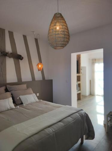 PavillyLe clos des crins的一间卧室配有一张大床和两个吊灯