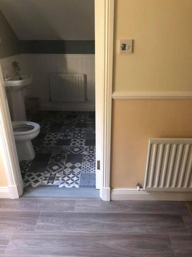 多尼戈尔Meadow House in County Donegal的一间带卫生间的浴室,铺有瓷砖地板。