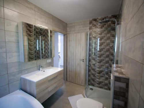 鲍洛通费尼韦什Zea Apartmanház的浴室配有卫生间、盥洗盆和淋浴。
