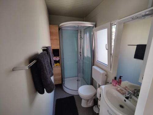 德拉格ARIA Mobile Home, Oaza Mira 5 Star Camping, Dalmatia的带淋浴、卫生间和盥洗盆的浴室