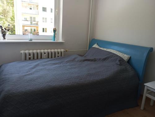 索波特BrodWino的卧室内的一张蓝色的床,卧室设有窗户