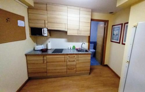 阿尔苏阿Castelao Apartments的一个带木制橱柜和水槽的厨房