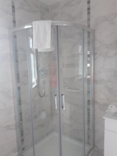 基拉尼Green Acres Guesthouse- Accommodation Only的浴室里设有玻璃门淋浴