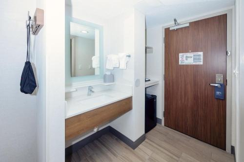 索格斯Holiday Inn Express Boston - Saugus, an IHG hotel的一间带水槽和木门的浴室