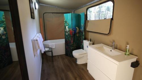 波高尔宾Two Fat Blokes Outback Adventure Glamping的一间带水槽、卫生间和淋浴的浴室
