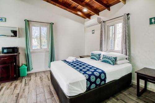 库尔克岛DV 3 at DV Cabanas Gold Standard Certified的一间卧室配有一张床、一张书桌和两个窗户。