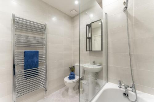 斯特灵Mhuilinn Apartment的浴室配有卫生间、盥洗盆和淋浴。